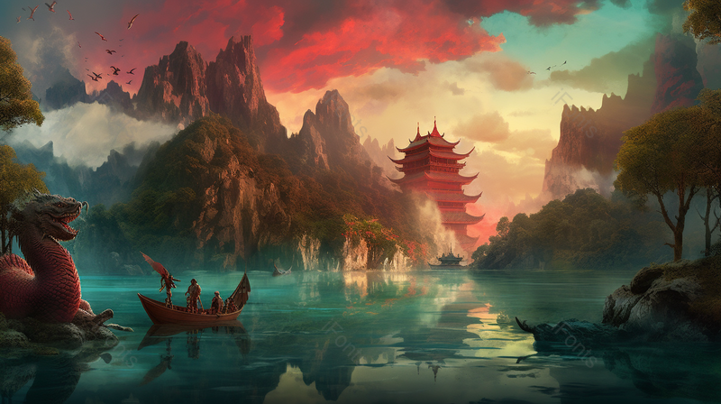 国潮风黄鹤楼地标建筑山水插画山海异兽望着湖面船上的人,插画/手绘图,插画/手绘图库,插画/手绘图下载,插画/手绘